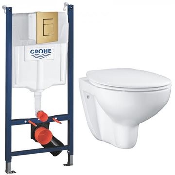 GROHE Bau Alt-i-1 Toiletpakke inkl. Sæde m/softclose, Betjeningsplade i Børstet Messing & Cisterne 113cm